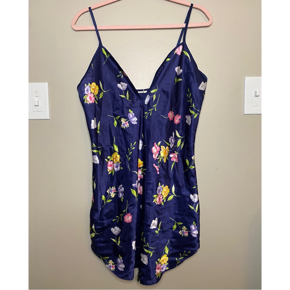 Silky Vintage Y2K Navy Blue Tropical Floral Beach Vacation Nightwear Slip Dress